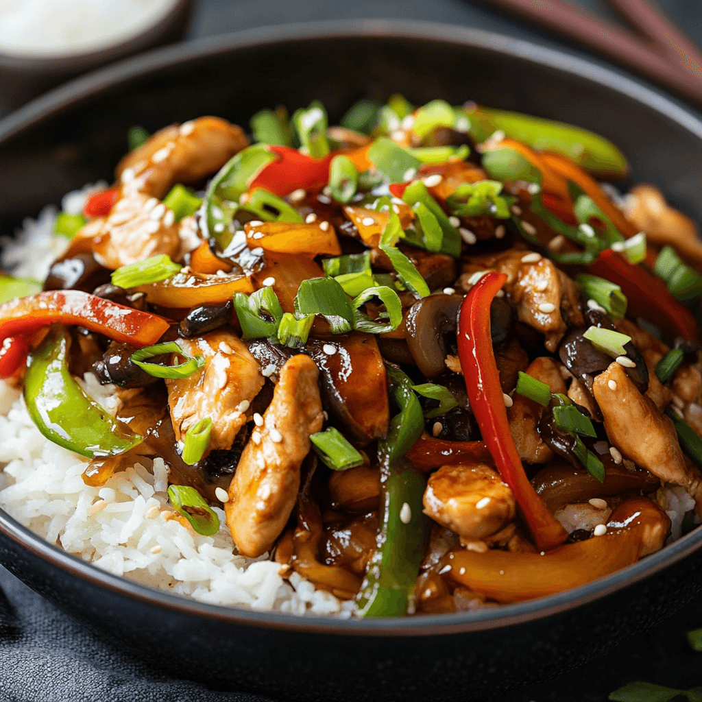 Chinesische Hähnchenpfanne mit Reis