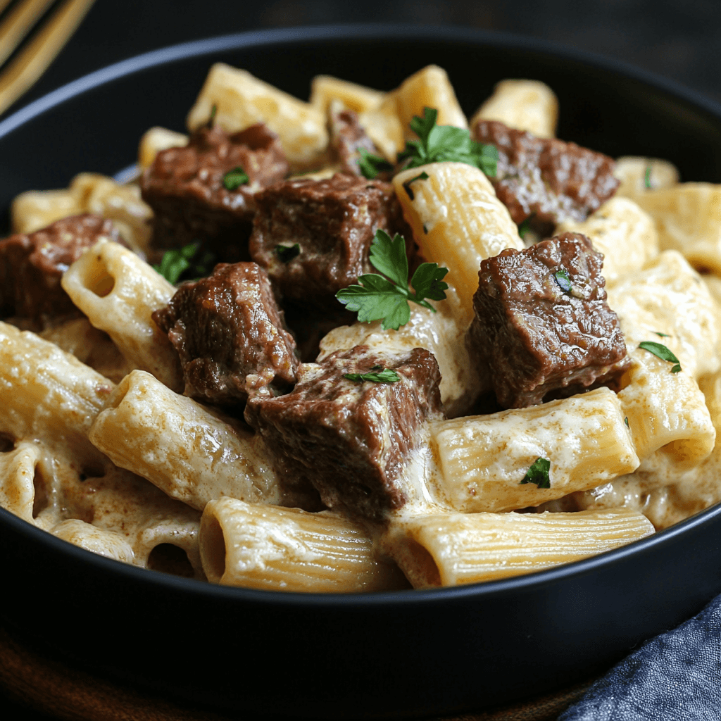 Cremiges Parmesan Rindfleisch mit Rigatoni Pasta
