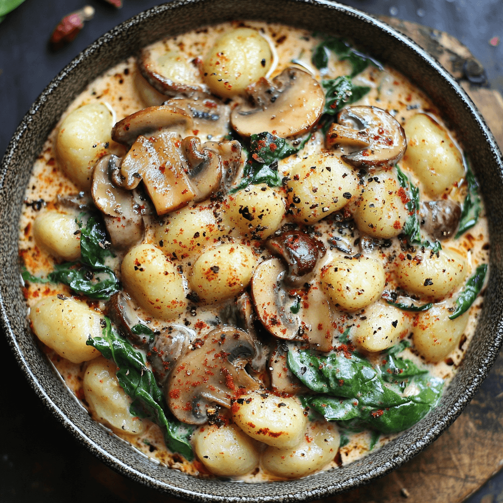 Cremige Spinat Pilz Gnocchi mit Knoblauch und geräucherter Paprika Sahnesauce: Das ultimative Wohlfühlgericht 6 Cremige Spinat Pilz Gnocchi mit Knoblauch und geräucherter Paprika Sahnesauce: Das ultimative Wohlfühlgericht