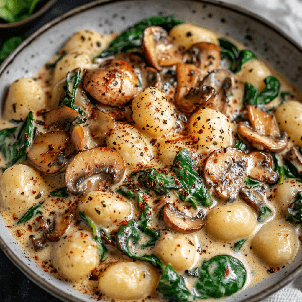 Cremige Spinat Pilz Gnocchi mit Knoblauch und geräucherter Paprika Sahnesauce: Das ultimative Wohlfühlgericht 5 Cremige Spinat Pilz Gnocchi mit Knoblauch und geräucherter Paprika Sahnesauce: Das ultimative Wohlfühlgericht
