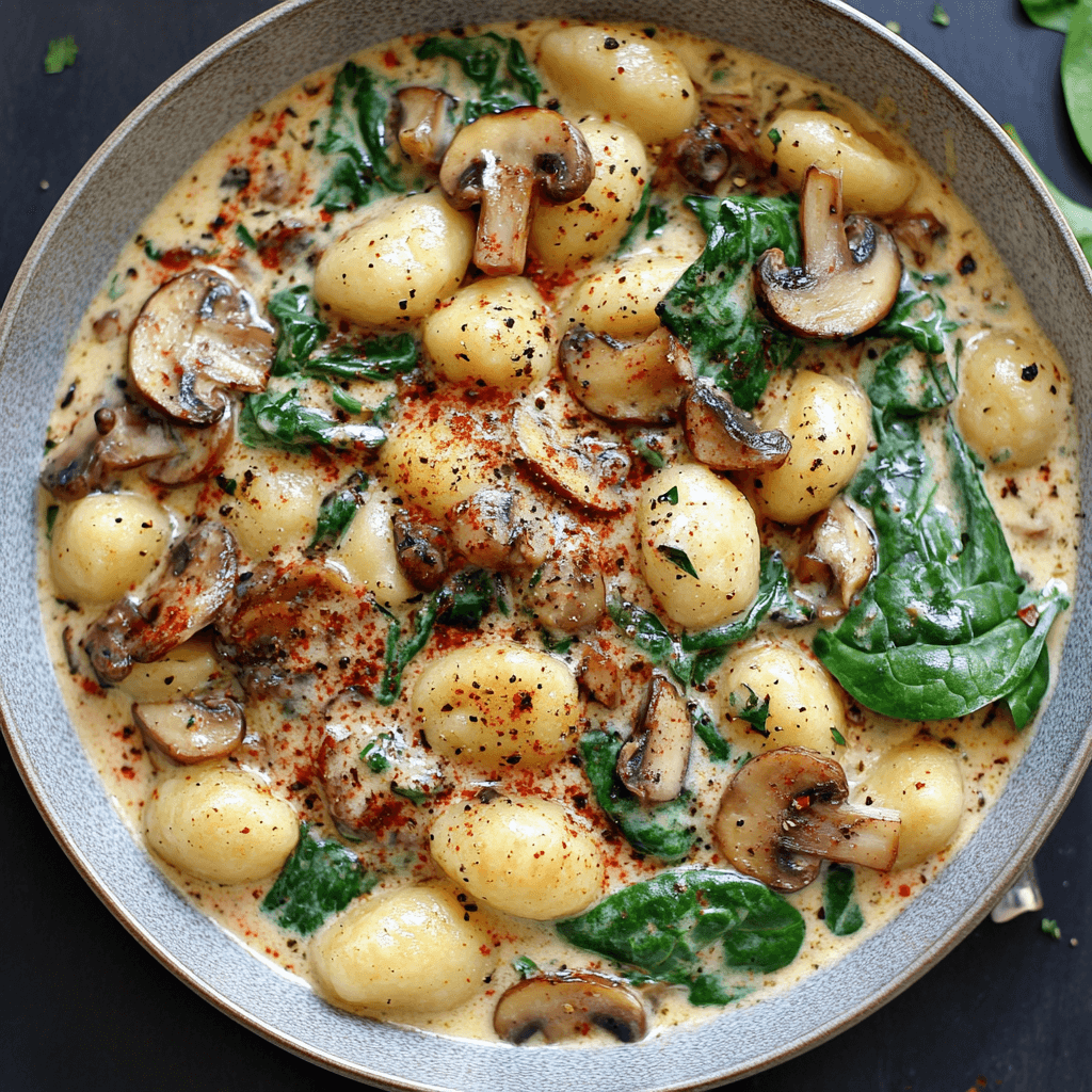 Creamy Spinach and Mushroom Gnocchi with Garlic and Smoked Paprika Cream Sauce.