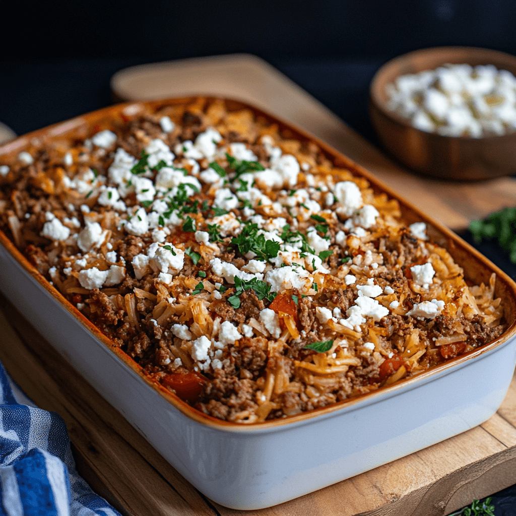 Griechischer Hackauflauf mit Kritharaki und Feta