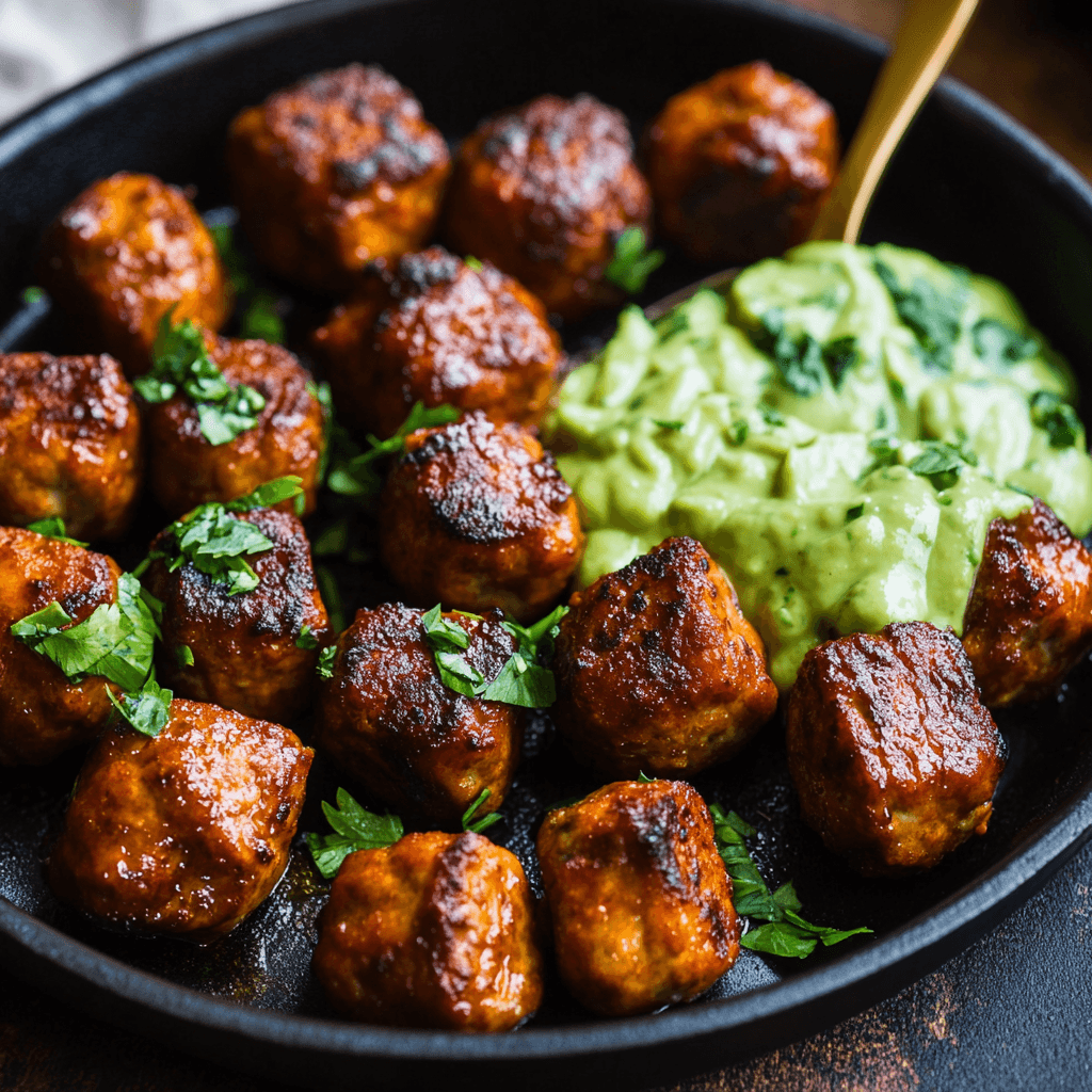 Grill Fleischbällchen Schalen mit Avocado Göttin Soße