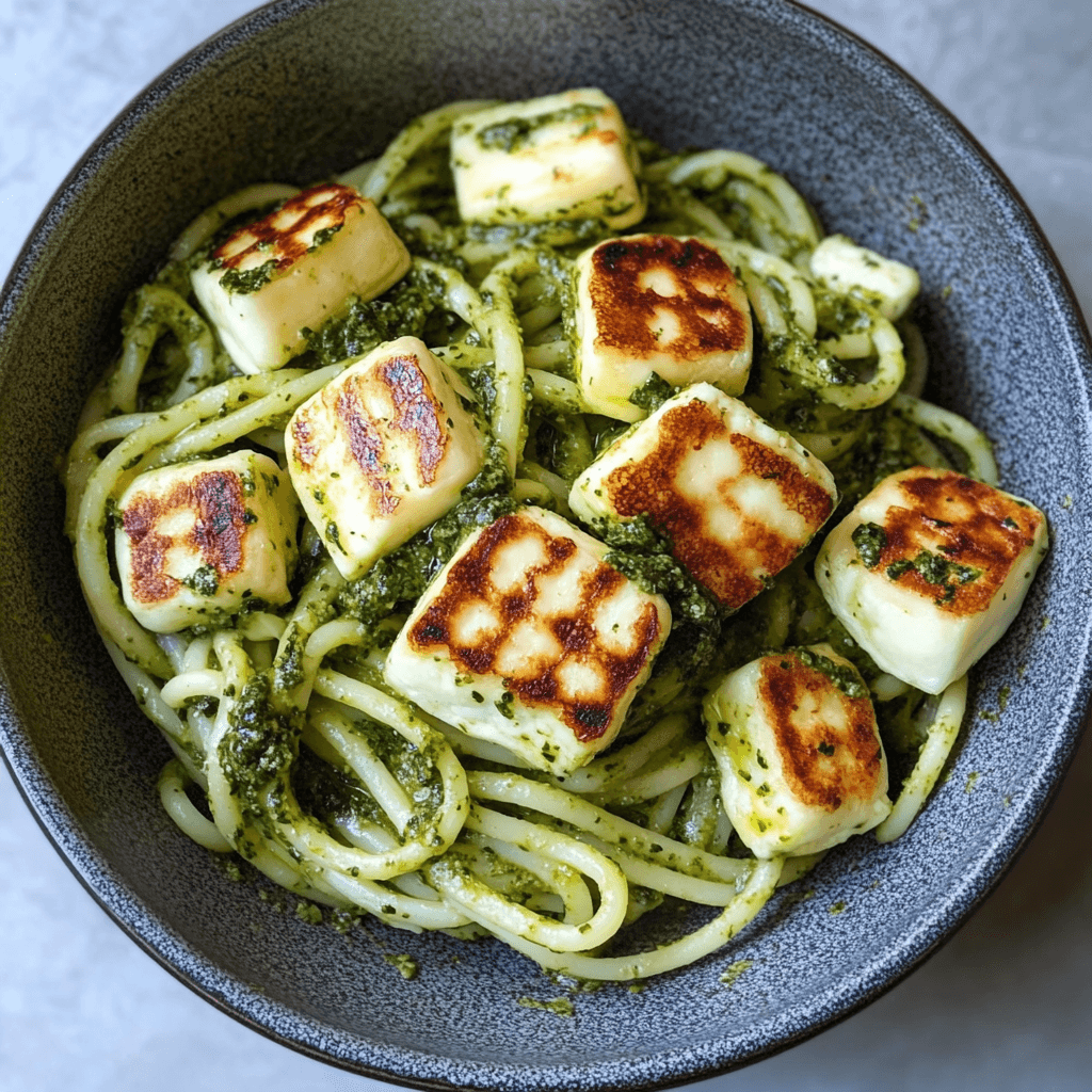 Halloumi mit Zucchini-Pesto-Nudeln