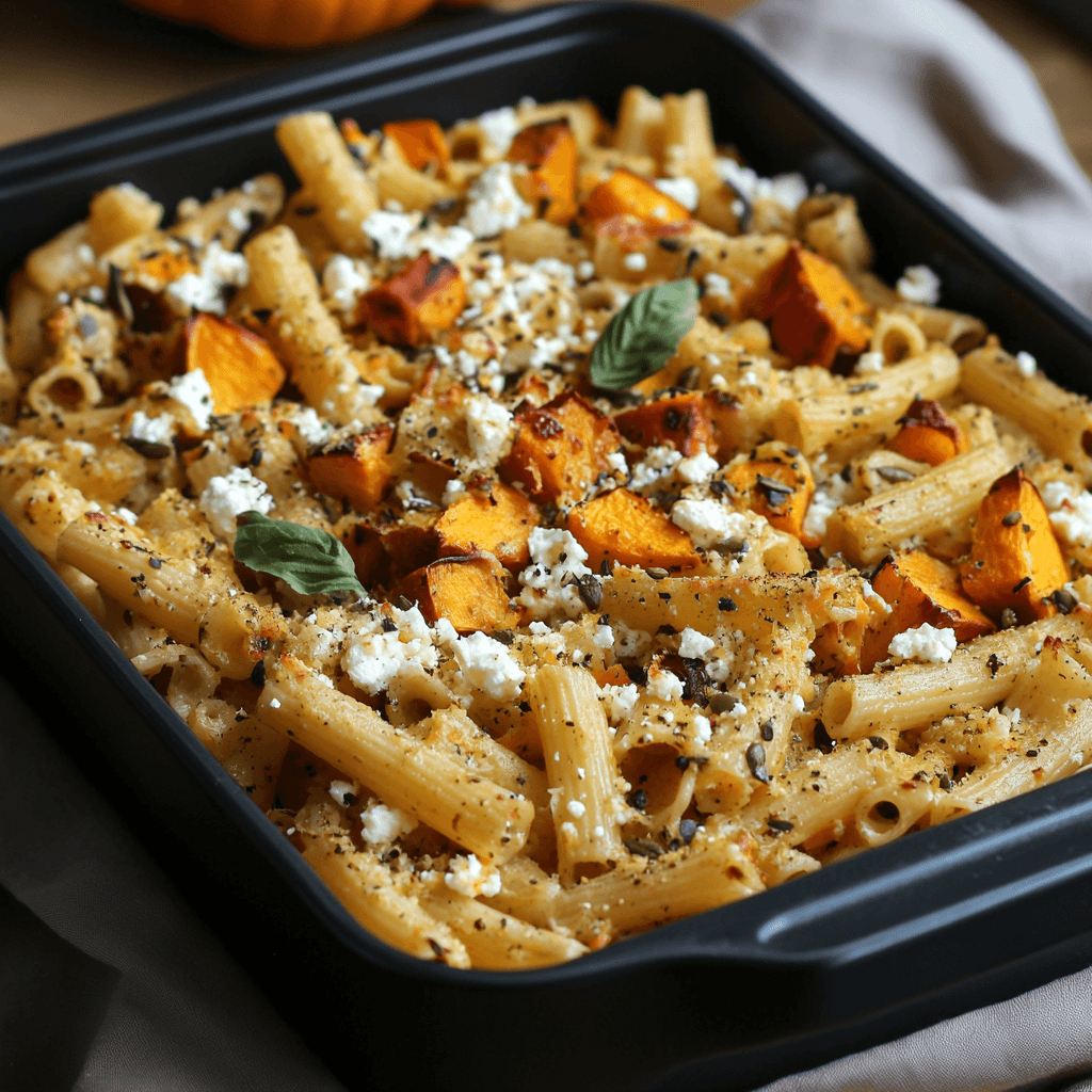 Pasta vom Blech mit Ofen-Kürbis und Feta