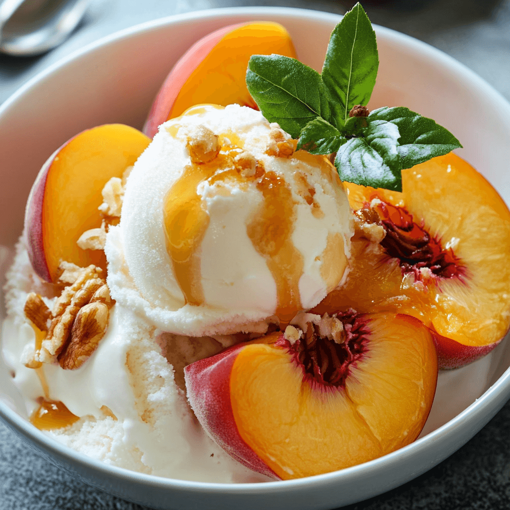 Pfirsichrezepte Dessert mit Vanilleeis