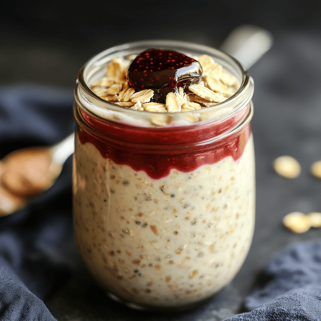 Erdnussbutter und Gelee über Nacht eingeweichte Haferflocken