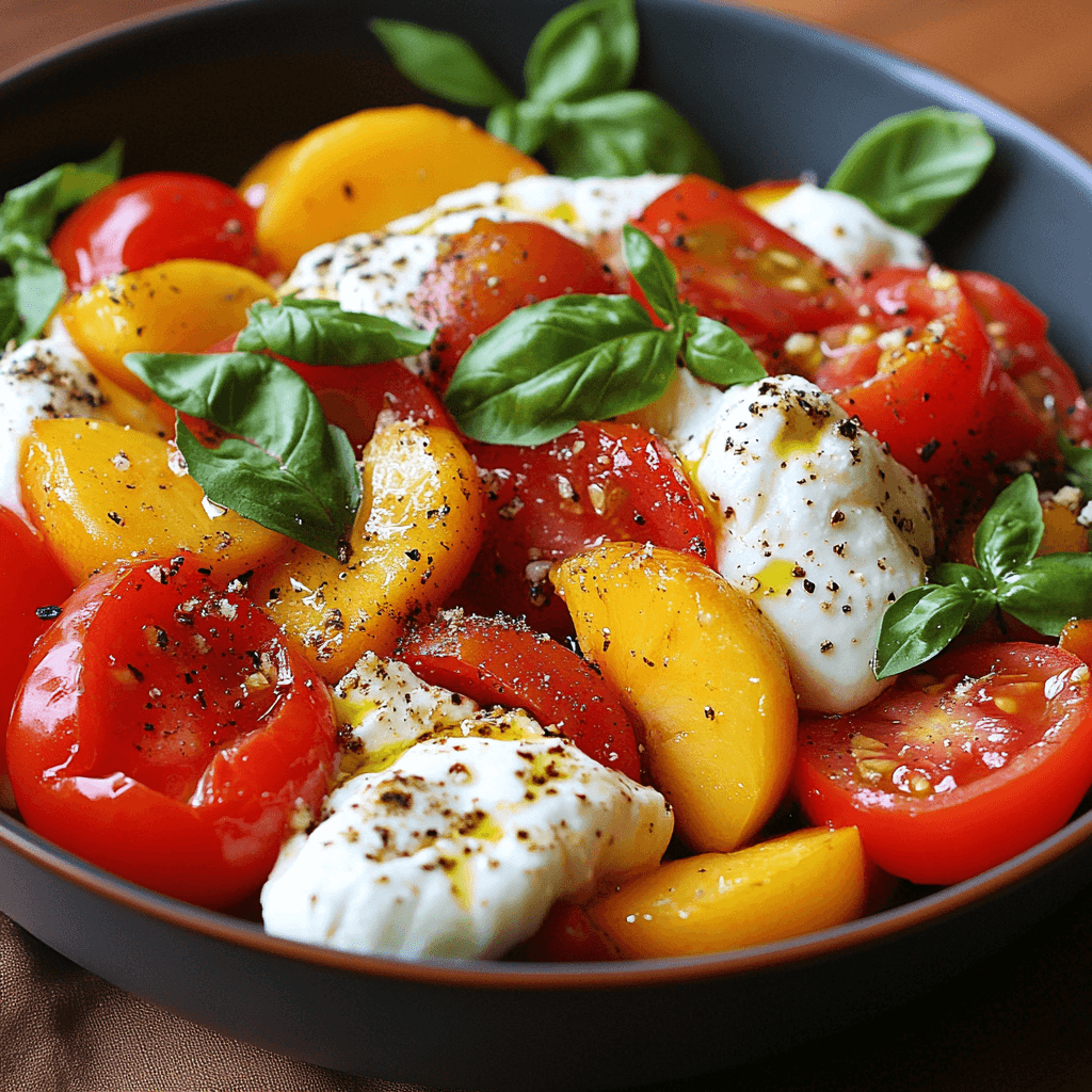 Erfrischender Tomaten Pfirsich Burrata Salat für
