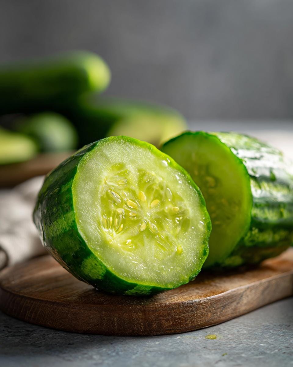 Close-up of a sliced cucumber, ingredient for Ananas-Gurken-Salat, on a wooden board.