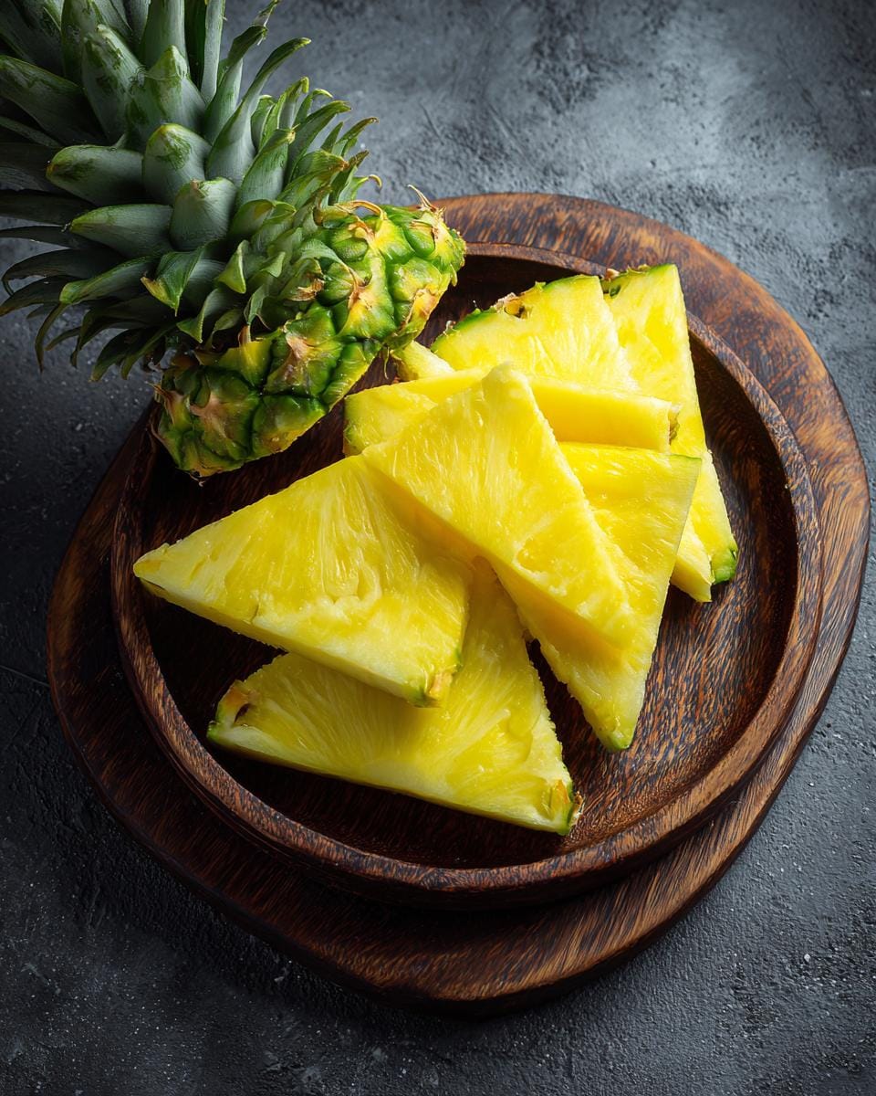 Sliced pineapple on a wooden plate, ready for Ananas-Gurken-Salat. Fresh and juicy.