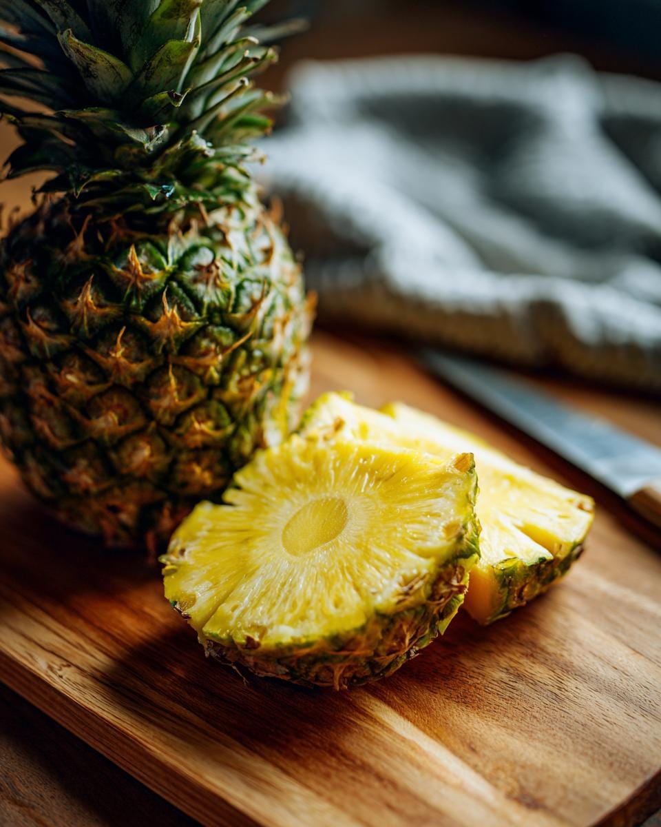 Pineapple, partially sliced, on a wooden board for Ananas-Gurken-Salat recipe.