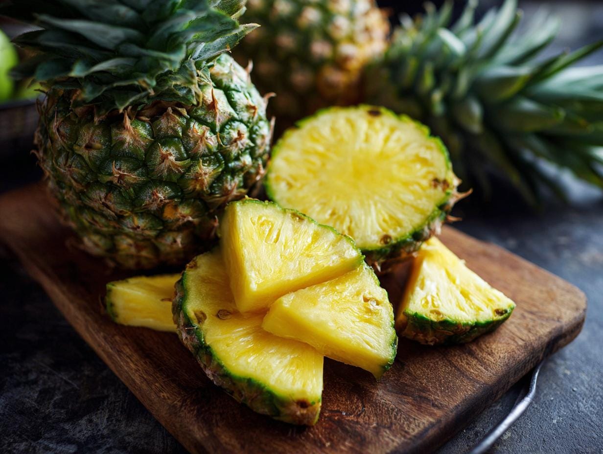 Fresh pineapple, whole and sliced, on a wooden board for Ananas-Gurken-Salat recipe.