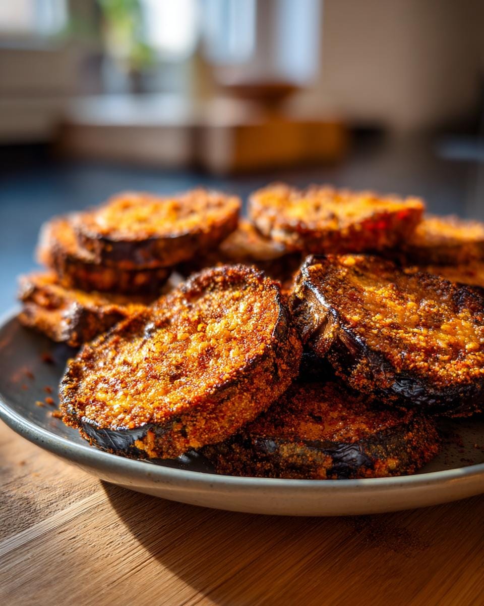 Nahaufnahme von Auberginen-Chips mit Paprika auf einem Teller, knusprig und appetitlich.