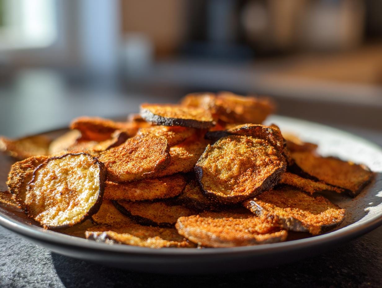 Nahaufnahme von knusprigen Auberginen-Chips mit Paprika auf einem Teller.