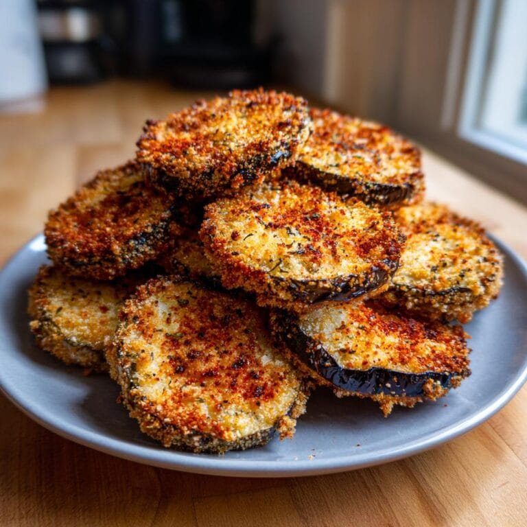 A stack of crispy Auberginen-Chips mit Paprika (eggplant chips with paprika) on a gray plate.