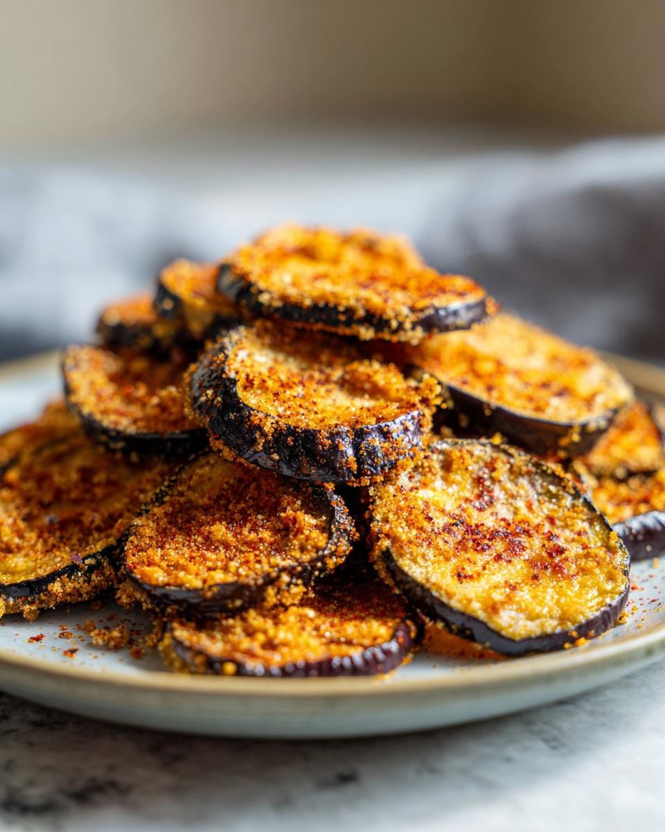 A stack of crispy Auberginen-Chips mit Paprika on a plate, ready to eat.