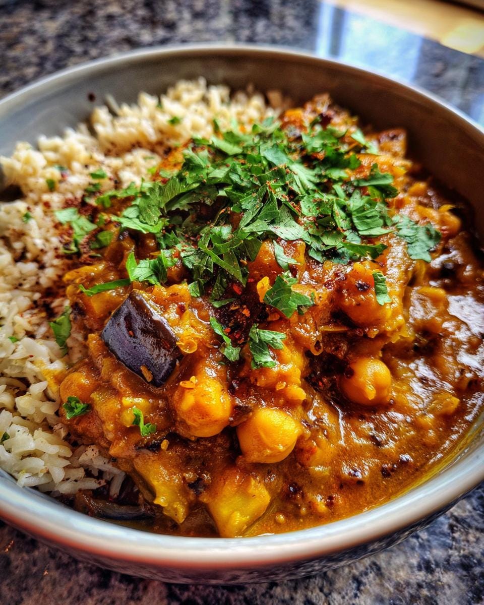 Bowl of Auberginen-Curry mit Kichererbsen (eggplant curry with chickpeas) served with rice and fresh herbs.