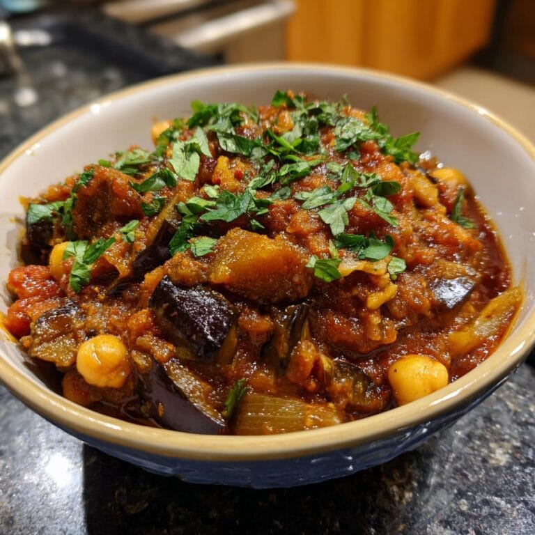 Close-up of Auberginen-Curry mit Kichererbsen (eggplant curry with chickpeas) in a bowl, garnished with fresh herbs.