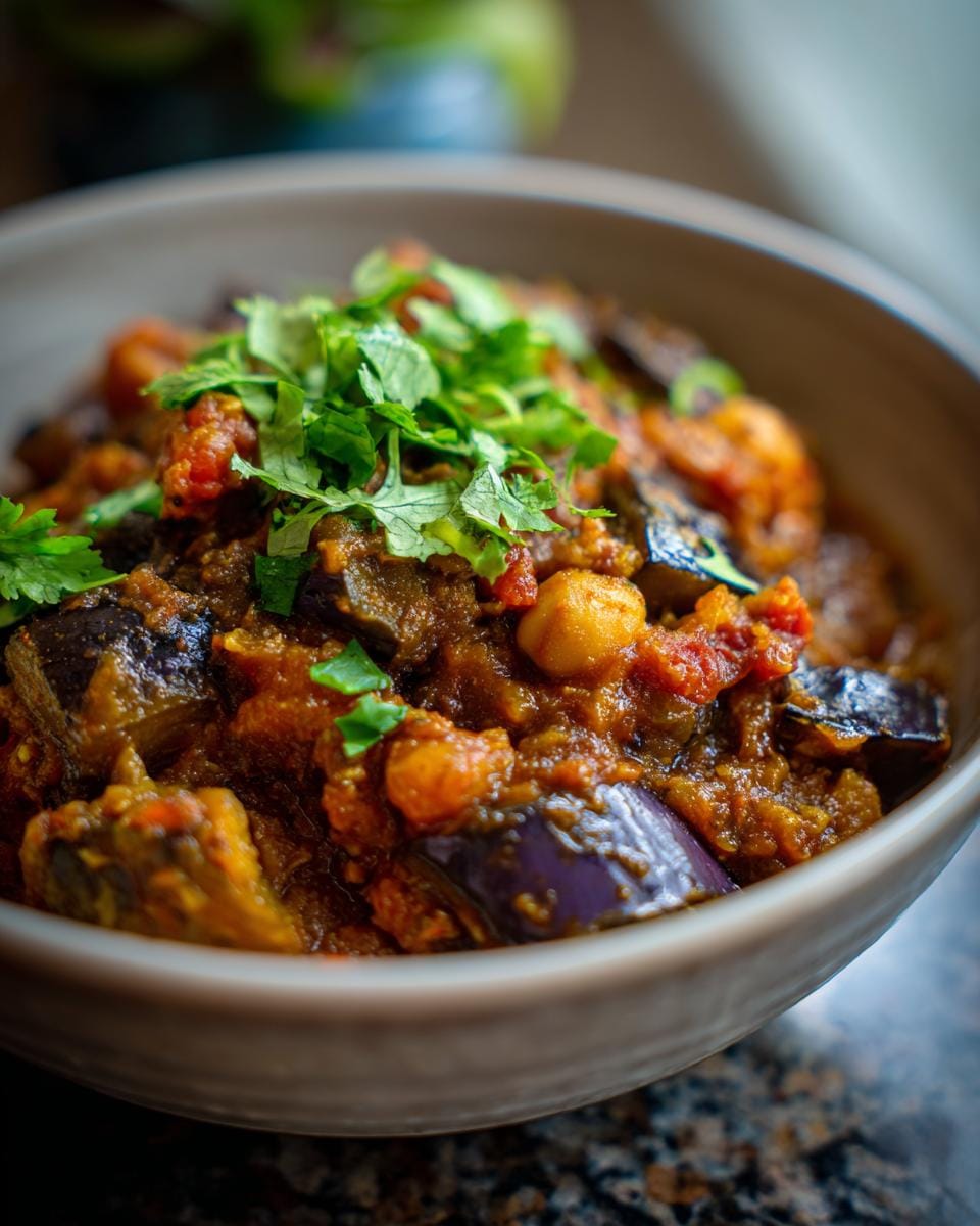 Nahaufnahme eines Auberginen-Currys mit Kichererbsen, serviert in einer Schüssel und mit Koriander garniert.