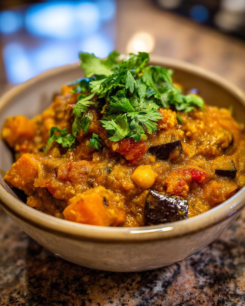 Close-up of Auberginen-Curry mit Kichererbsen in einer Schüssel, garniert mit frischer Petersilie.