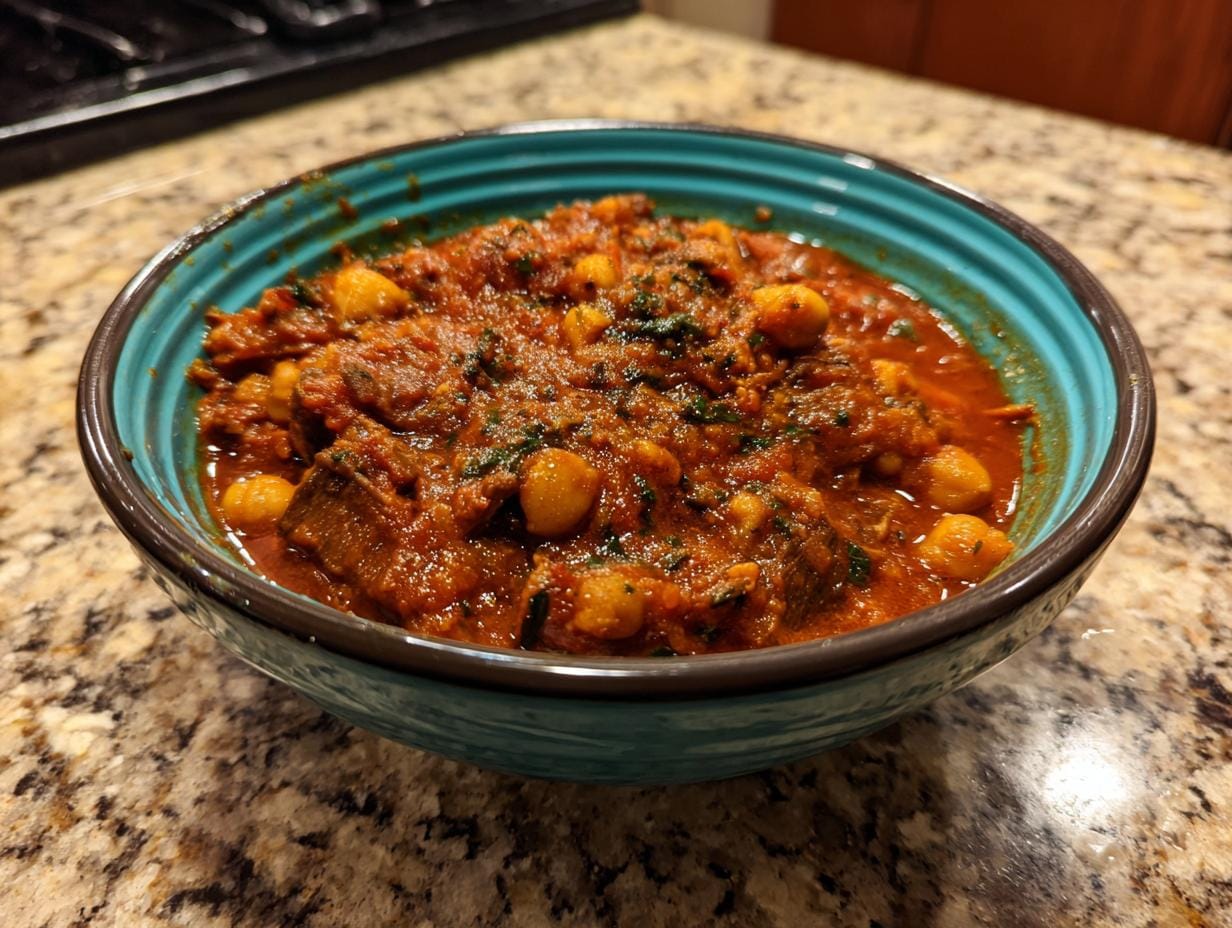 Close-up of Auberginen-Curry mit Kichererbsen (eggplant curry with chickpeas) served in a blue bowl.