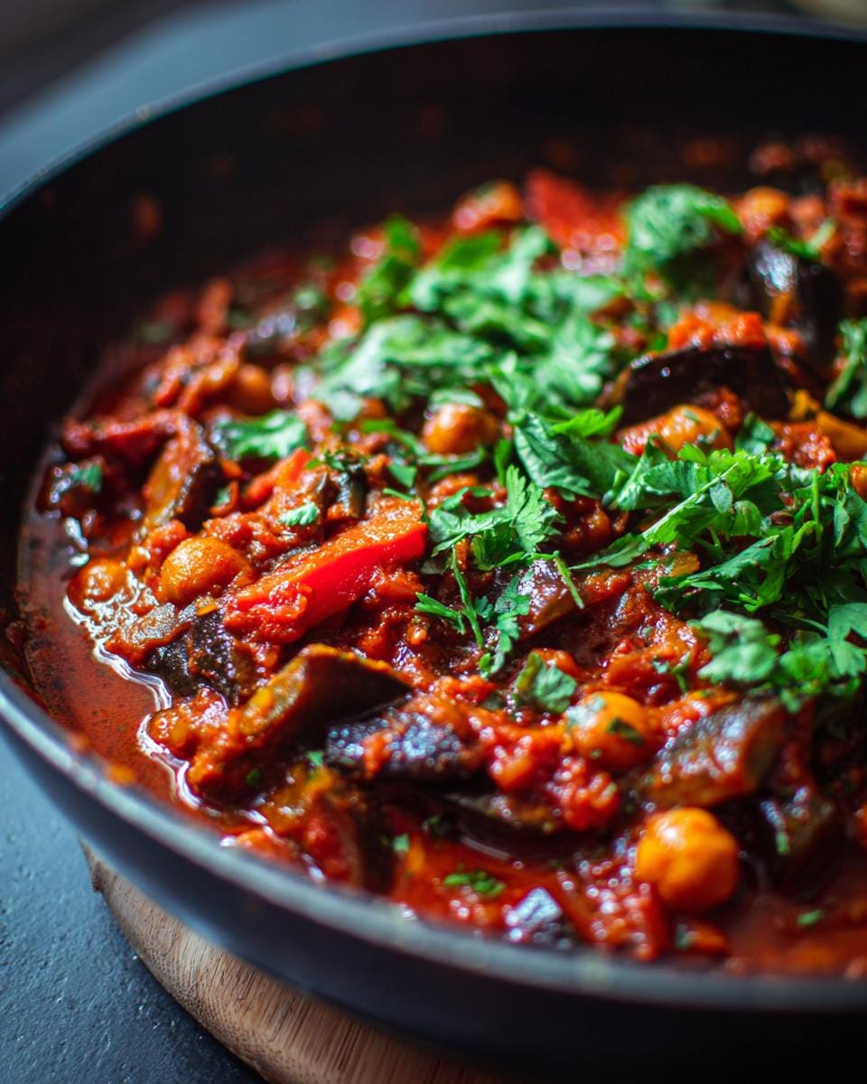 Close-up of Auberginen-Kichererbsen-Curry in a pan, garnished with fresh cilantro.