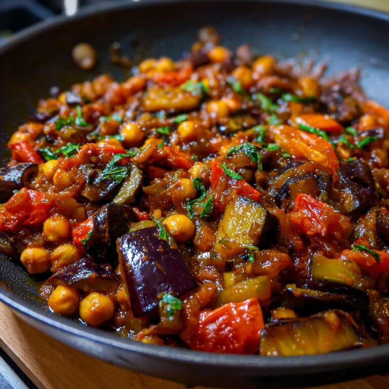 Close-up of Auberginen-Kichererbsen-Curry with eggplant, chickpeas, tomatoes, and herbs in a pan.