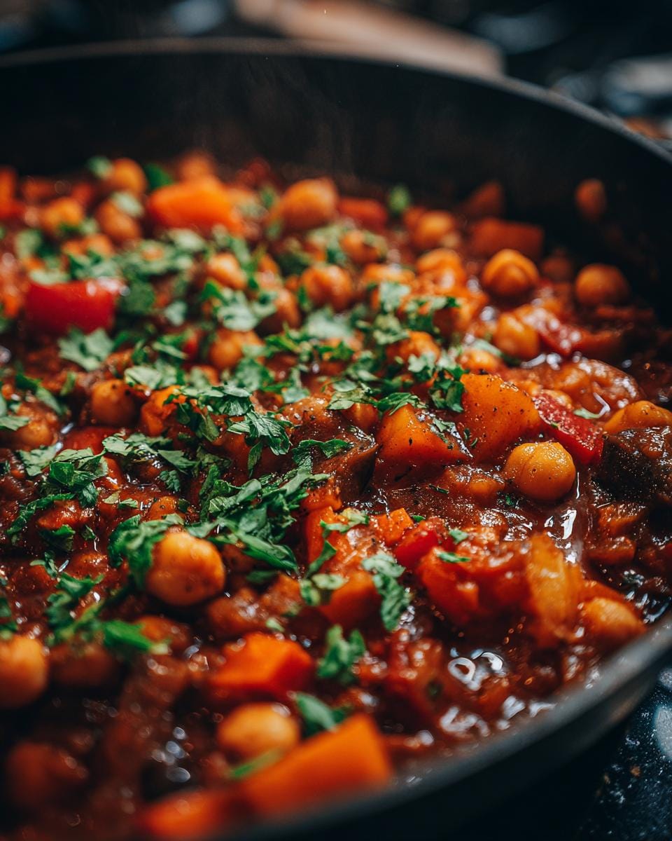 Nahaufnahme eines dampfenden Auberginen-Kichererbsen-Curry mit frischer Petersilie in einer Pfanne.