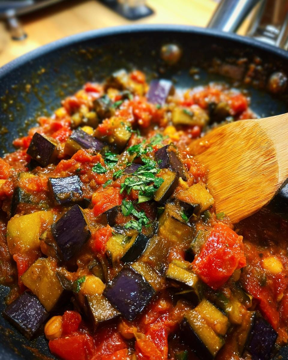 Nahaufnahme von Auberginen-Kichererbsen-Curry in einer Pfanne, garniert mit frischen Kräutern.