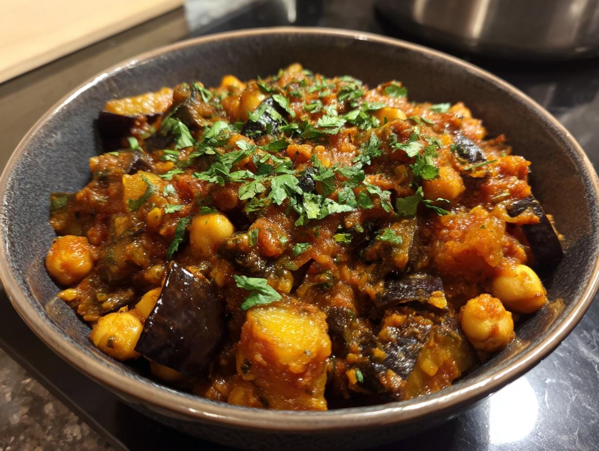 Nahaufnahme von Auberginen-Kichererbsen-Curry in einer Schüssel, garniert mit frischer Petersilie.