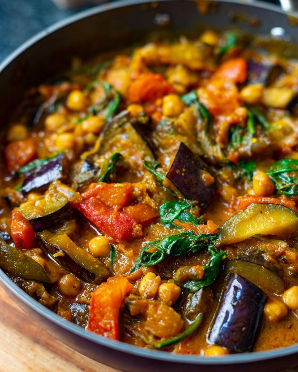 Close-up of Auberginen-Kichererbsen-Curry with eggplant, chickpeas, tomatoes, and spinach.