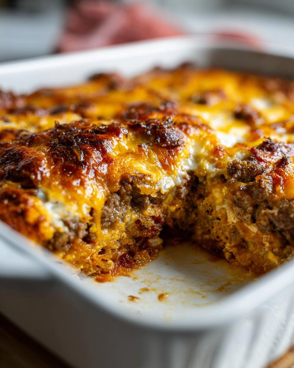 Close-up of a freshly baked Bacon-Cheeseburger-Auflauf in a white baking dish.