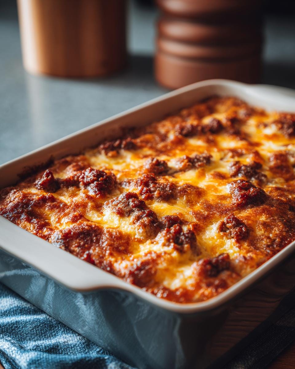 Close-up of a freshly baked Bacon-Cheeseburger-Auflauf in a ceramic baking dish, ready to serve.