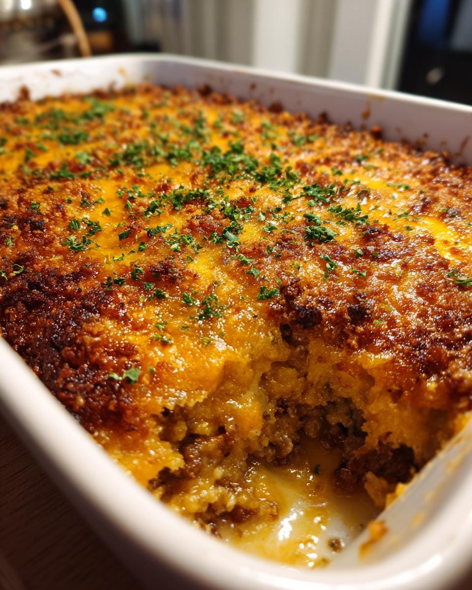 Close-up of a freshly baked Bacon-Cheeseburger-Auflauf in a white baking dish, garnished with parsley.