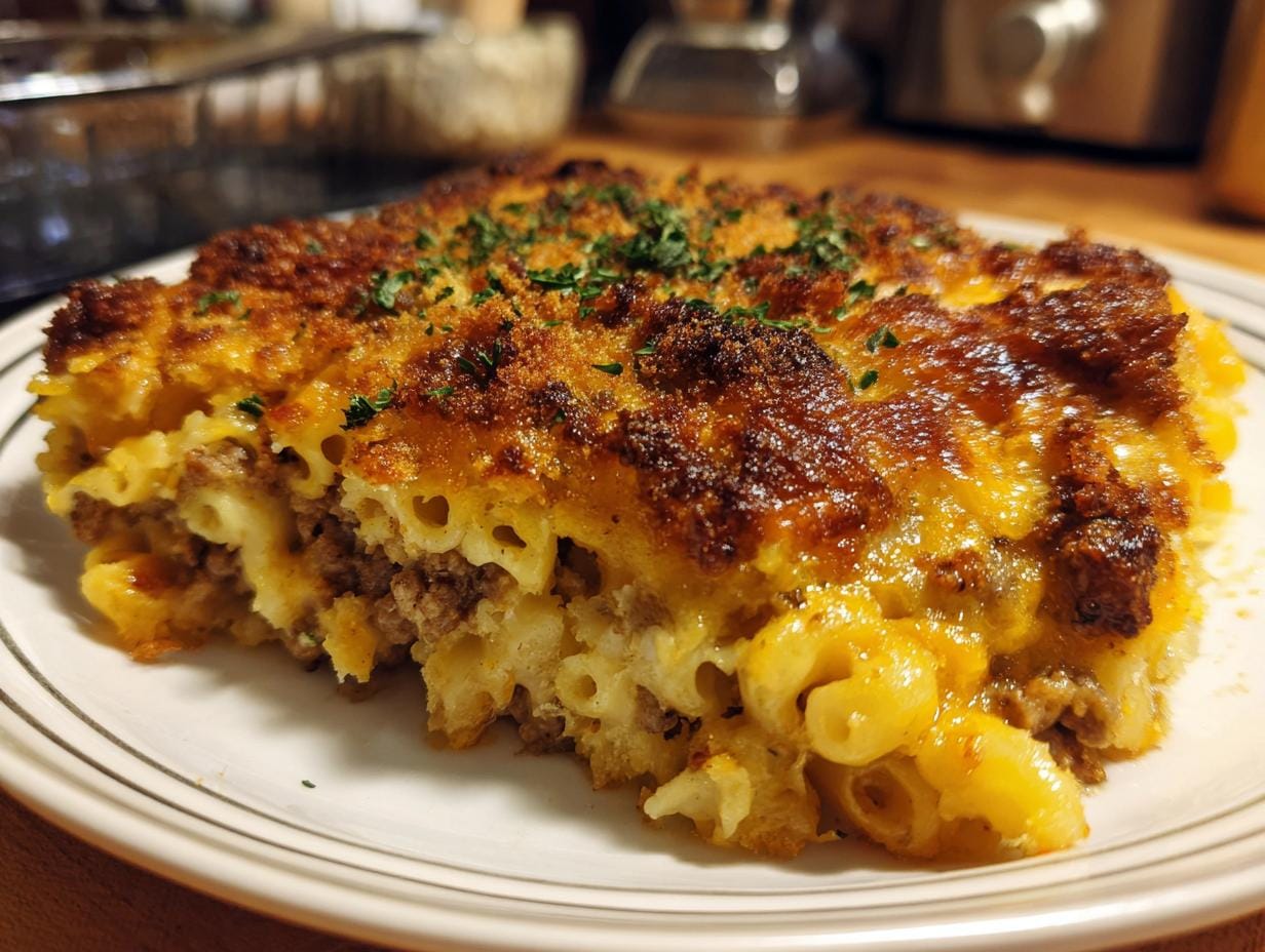 A slice of Bacon-Cheeseburger-Auflauf on a plate, showcasing the layers of pasta, ground beef, and cheese.