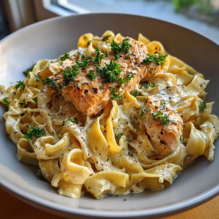 Close-up of Bandnudeln in Sahne-Sauce mit Lachsfilet, garnished with fresh parsley.