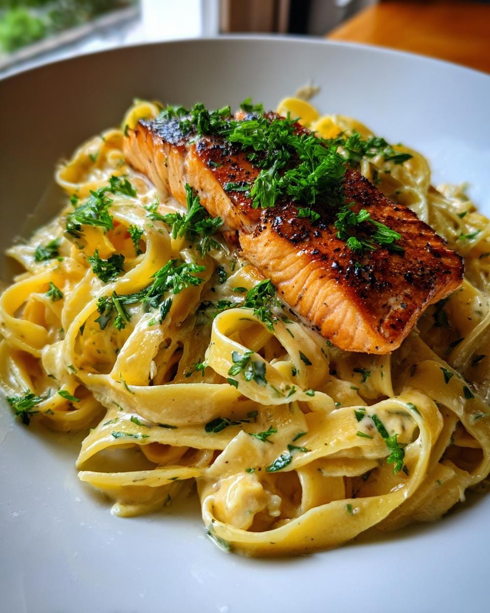 Close-up of Bandnudeln in Sahne-Sauce mit Lachsfilet, garnished with fresh parsley.