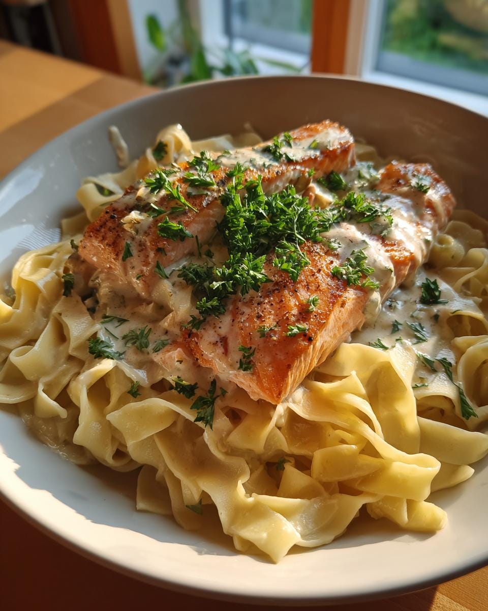 Bandnudeln in Sahne-Sauce mit Lachsfilet, garnished with fresh parsley, served in a bowl.