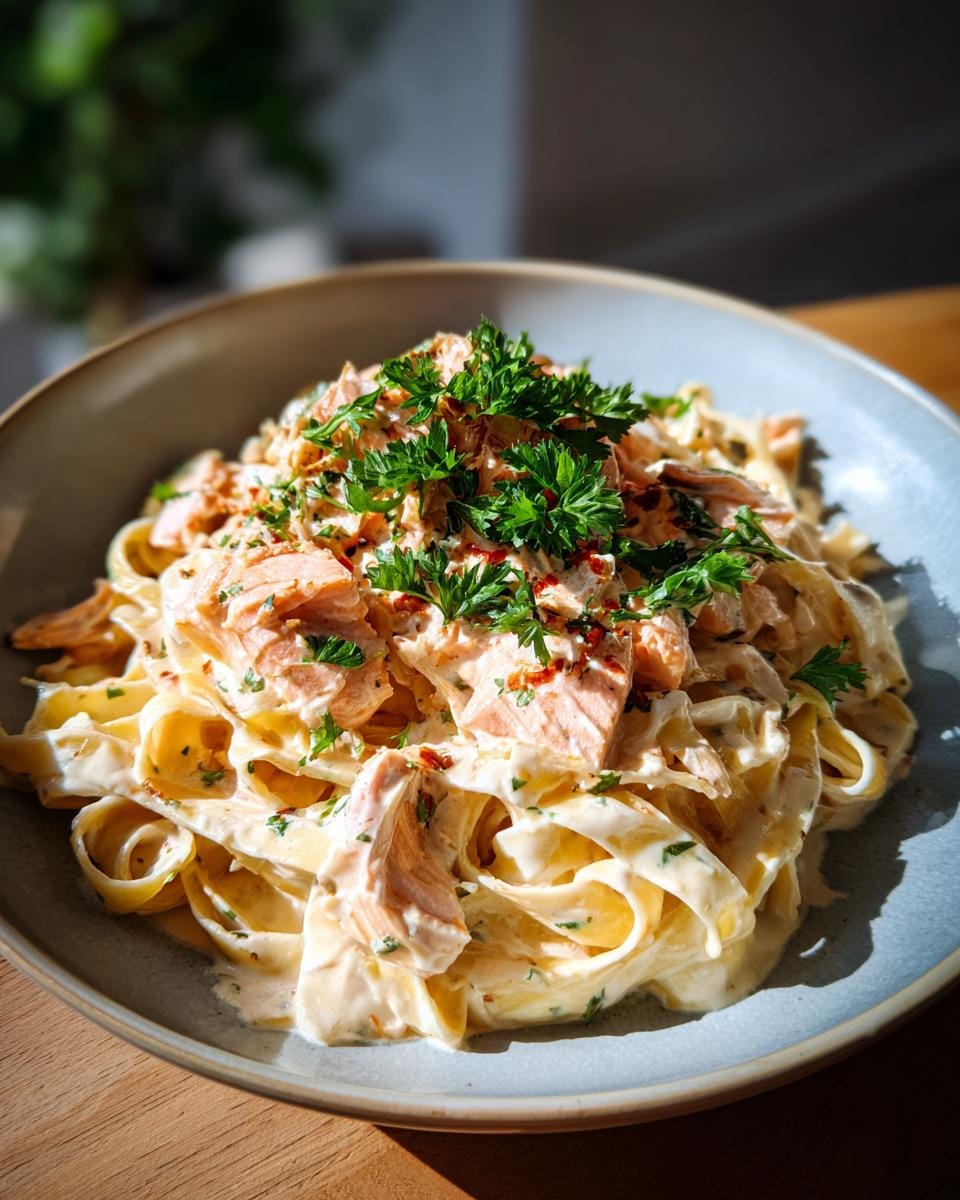A bowl of Bandnudeln in Sahne-Sauce mit Lachsfilet, garnished with fresh parsley and red pepper flakes.