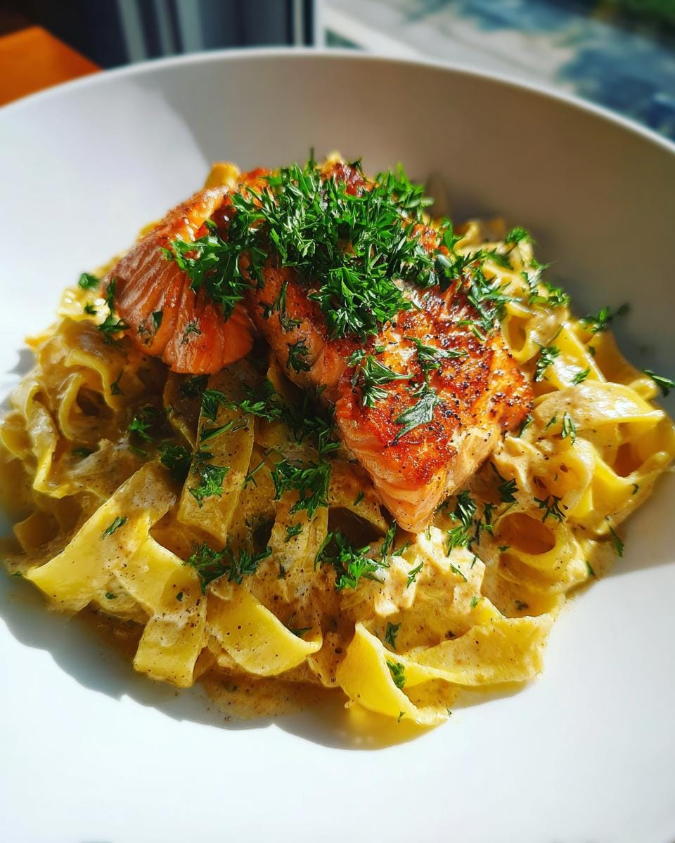Delicious Bandnudeln in Sahne-Sauce mit Lachsfilet, garnished with fresh parsley.