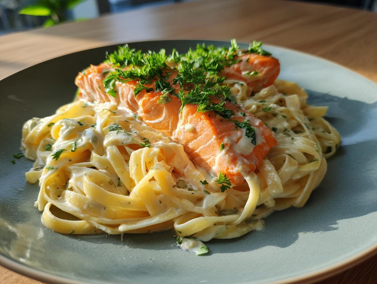 A plate of Bandnudeln in Sahne-Sauce mit Lachsfilet, garnished with parsley.