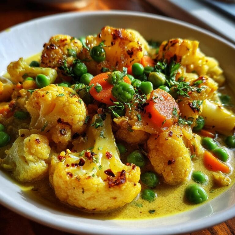 A bowl of vibrant Blumenkohl-Erbsen-Curry with cauliflower, peas, and carrots in a creamy sauce.