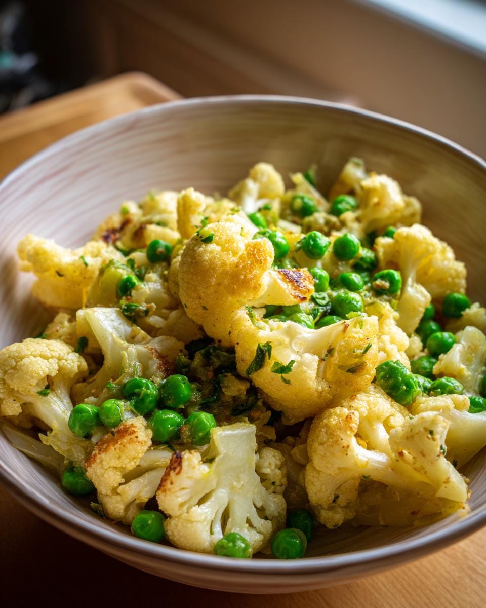 Close-up of Blumenkohl-Erbsen-Curry in a bowl, featuring cauliflower florets and green peas.