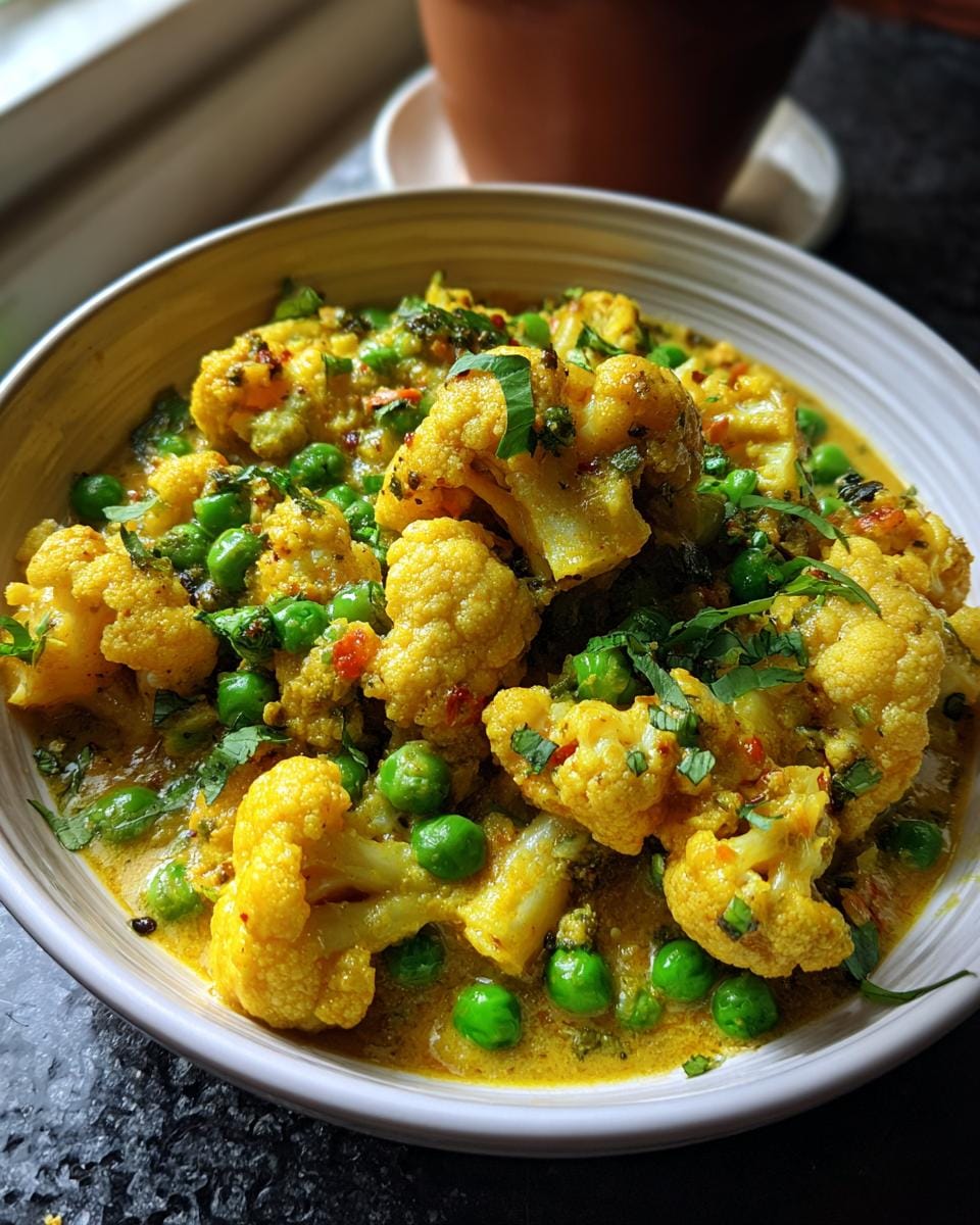 A bowl of creamy Blumenkohl-Erbsen-Curry, garnished with fresh herbs. A vibrant and flavorful dish.