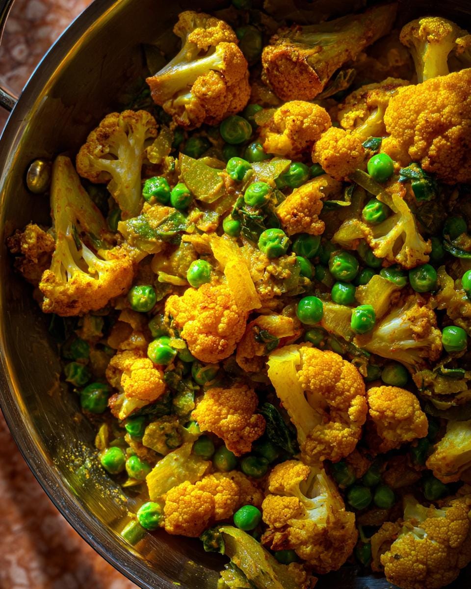 Overhead shot of Blumenkohl-Erbsen-Curry in a pan, showing cauliflower florets and peas in a curry sauce.