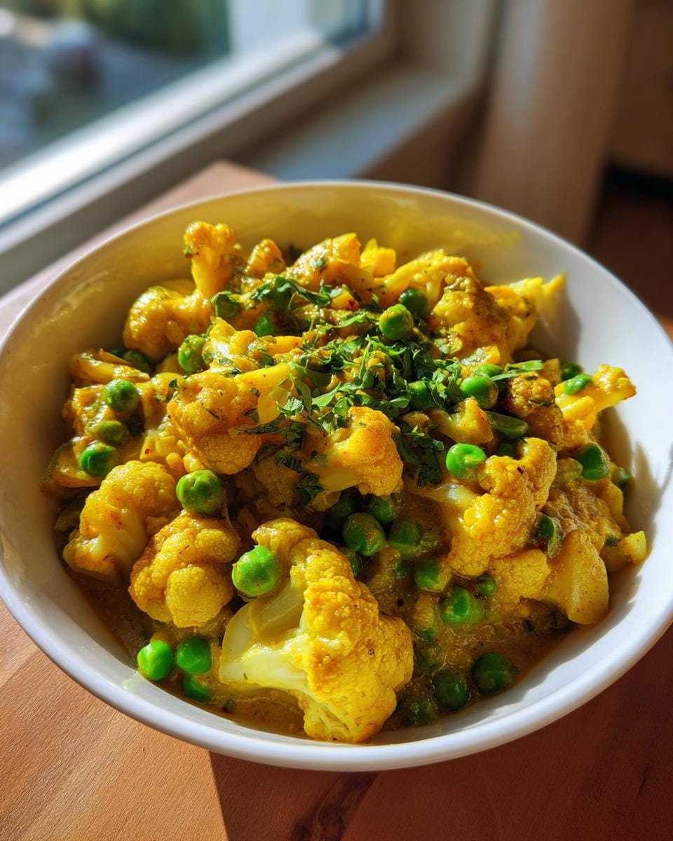 Nahaufnahme eines Blumenkohl-Erbsen-Curry in einer weißen Schüssel, garniert mit Kräutern.