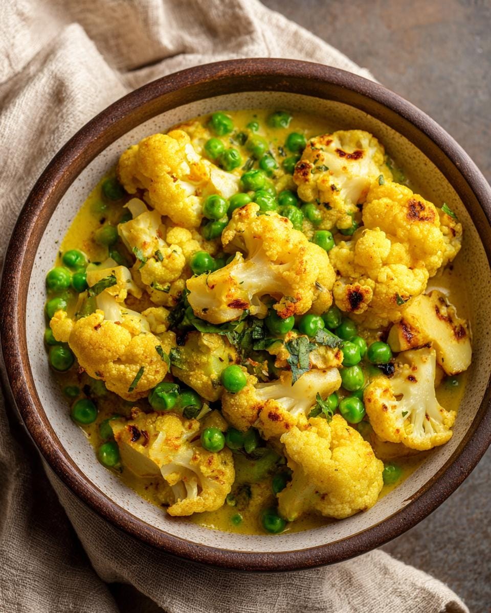 Overhead shot of Blumenkohlcurry mit Erbsen (cauliflower curry with peas) in a rustic bowl.