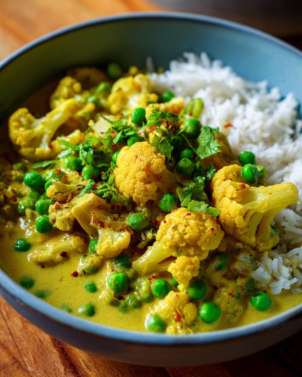 A bowl of creamy Blumenkohlcurry mit Erbsen (cauliflower curry with peas) served with rice.