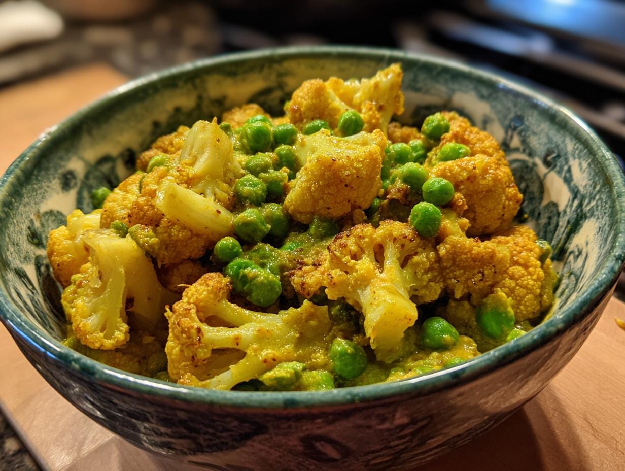 Close-up of Blumenkohlcurry mit Erbsen served in a decorative bowl, showcasing the dish's vibrant colors.