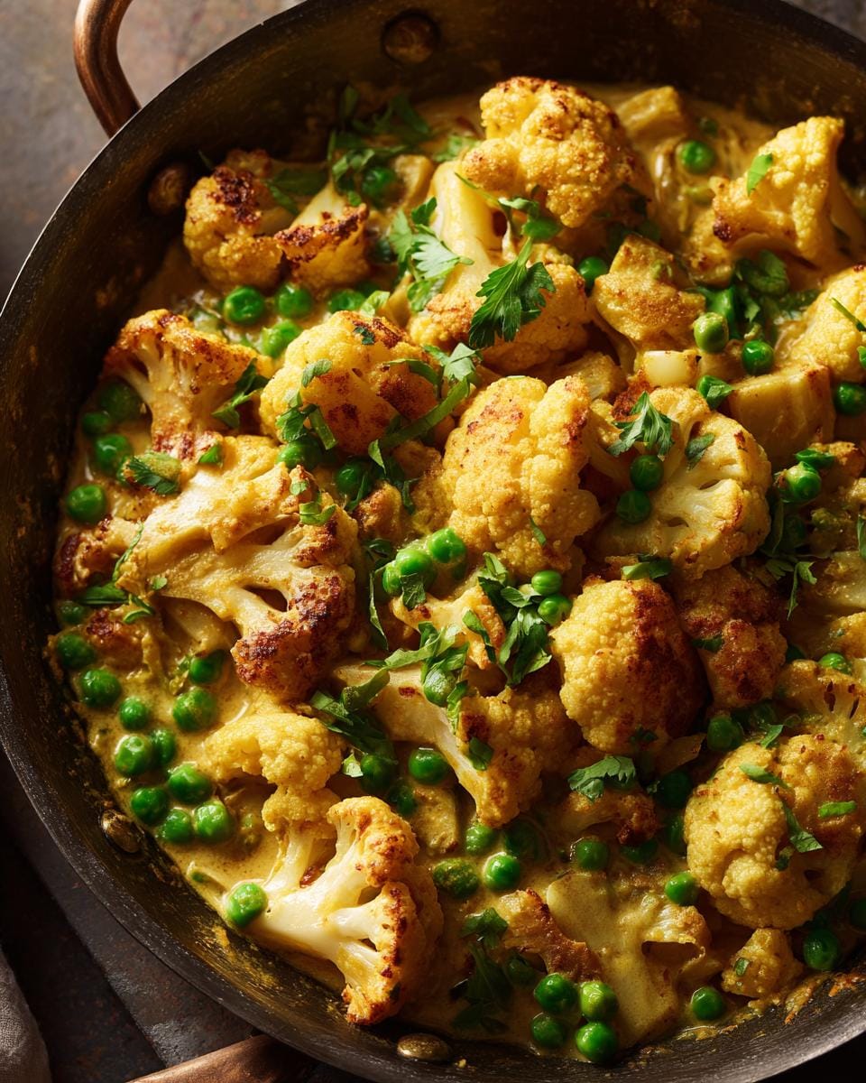 Close-up of Blumenkohlcurry mit Erbsen (cauliflower curry with peas) in a pan, garnished with parsley.
